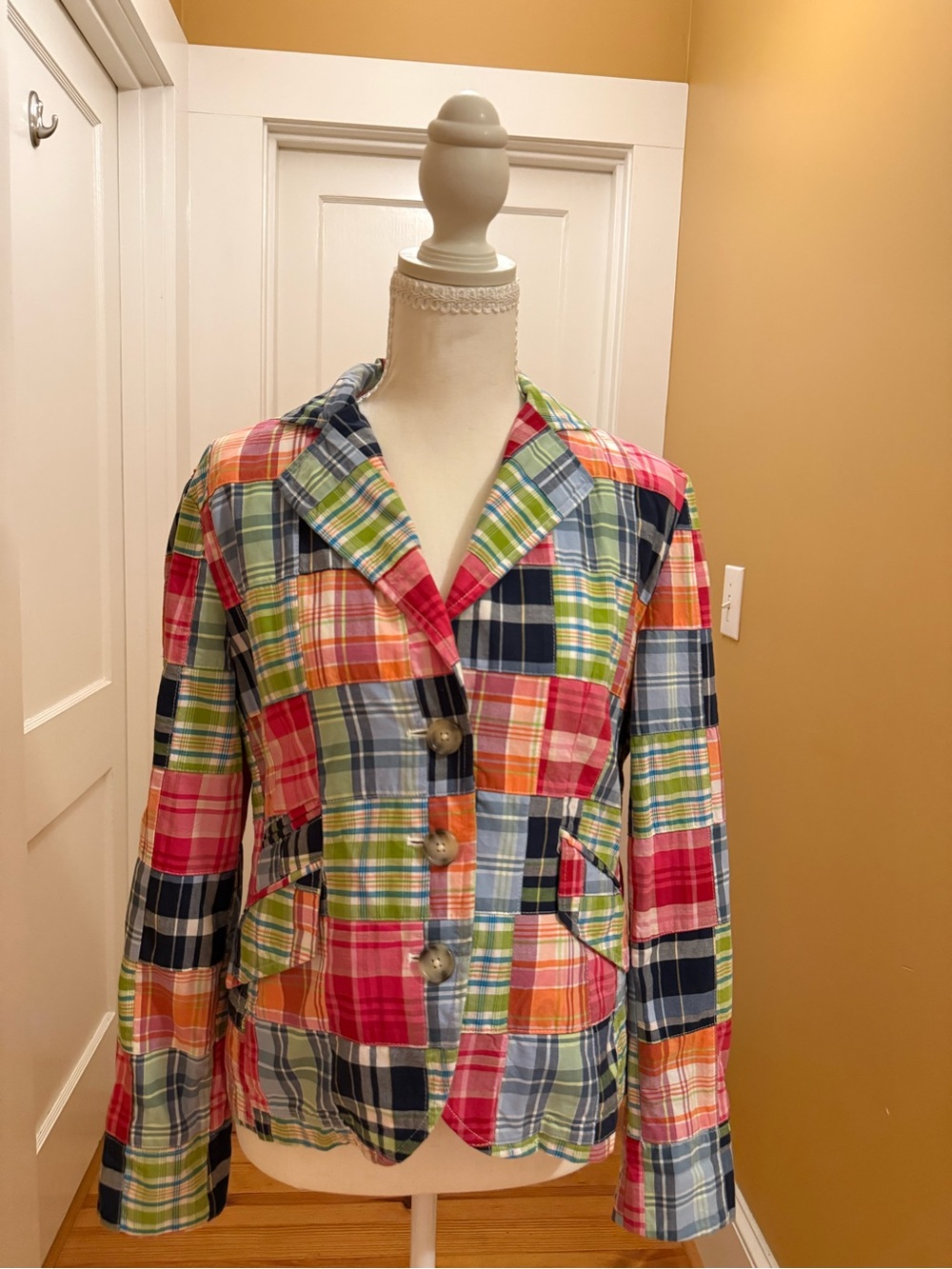 LL Bean Vintage Patchwork Madras Plaid Cotton Blazer EUC